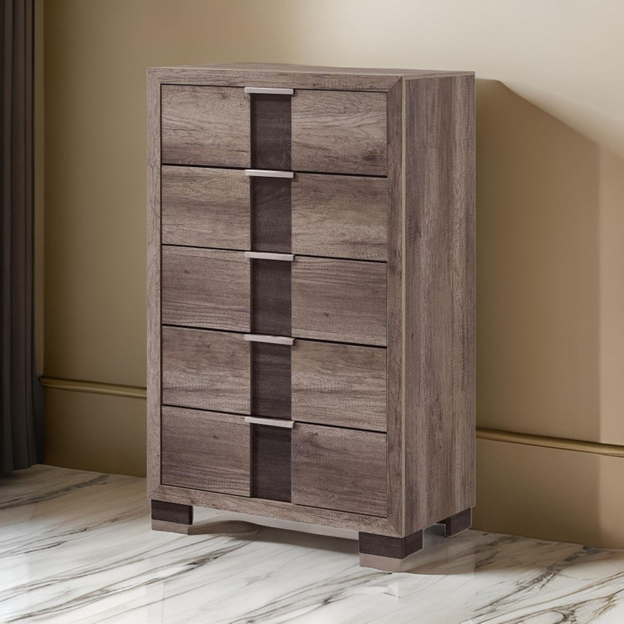 Benjara Rangley 47 Inch Tall Dresser Chest, Wood, 5 Drawers, Metal Handles, Brown