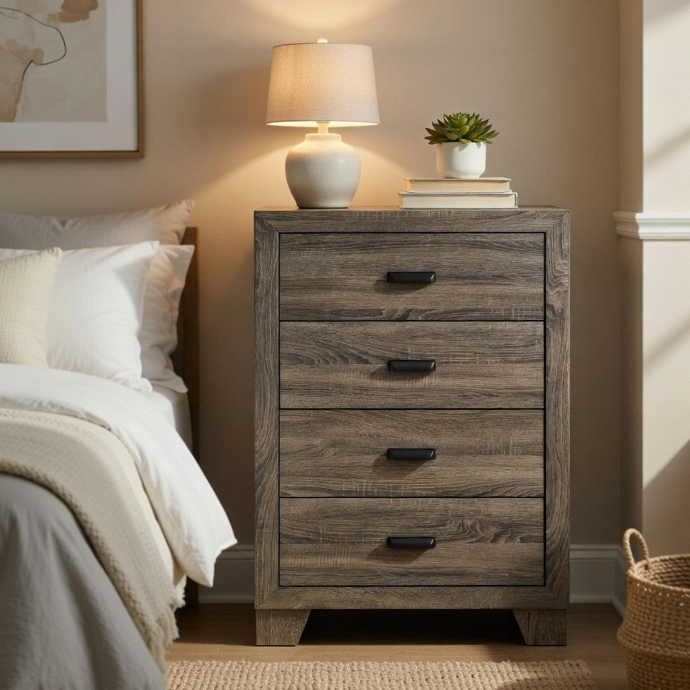 Benjara Shannon 45 Inch Tall Dresser Chest, Wood, Metal Handles, 4 Drawers, Brown
