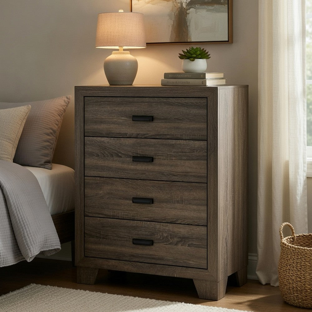 Benjara Shannon 45 Inch Tall Dresser Chest, Wood, Metal Handles, 4 Drawers, Brown