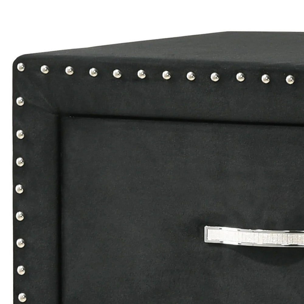 Benjara Moha 28 Inch Nightstand, Wood, 2 Drawers, Metal Handles, Black Velvet