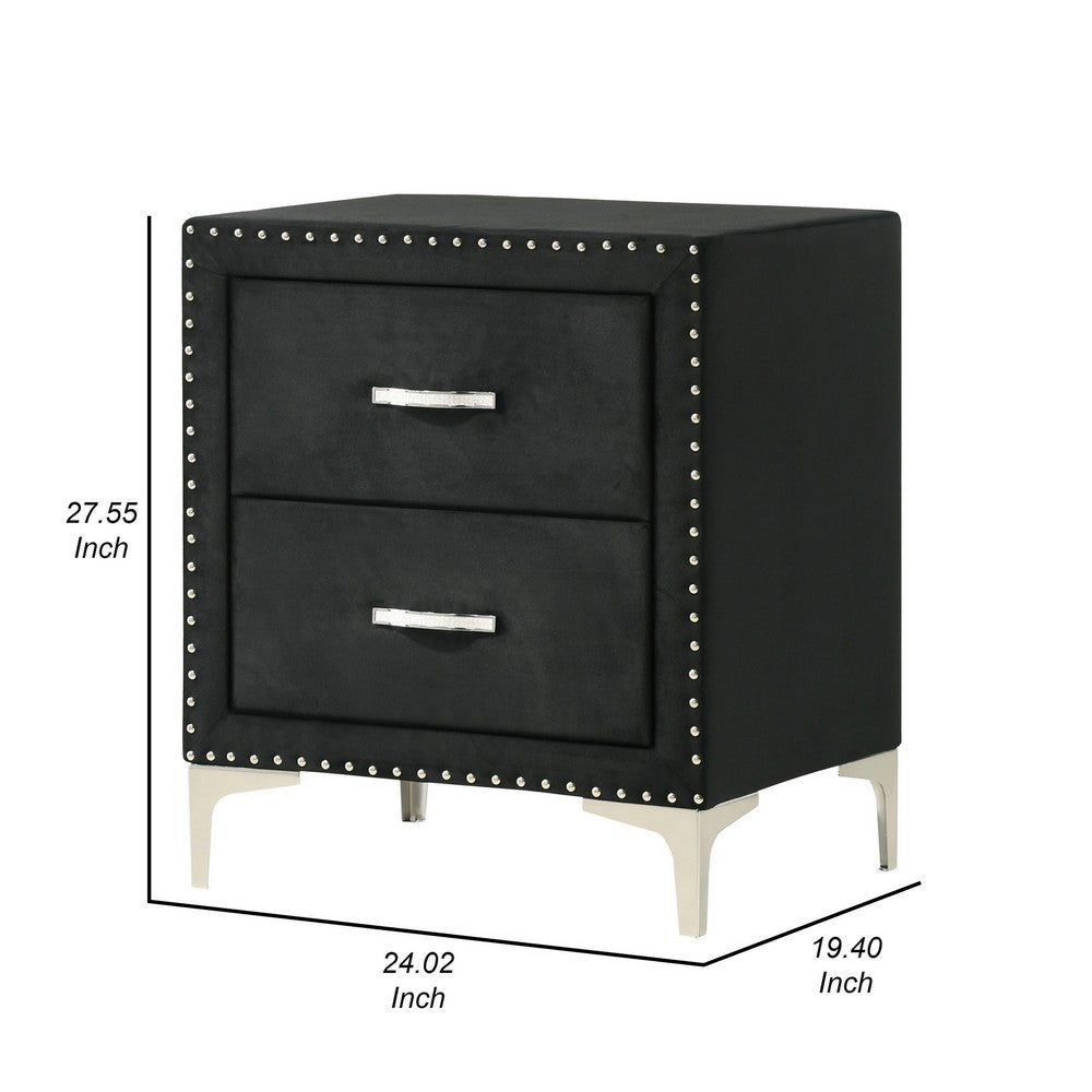 Benjara Moha 28 Inch Nightstand, Wood, 2 Drawers, Metal Handles, Black Velvet