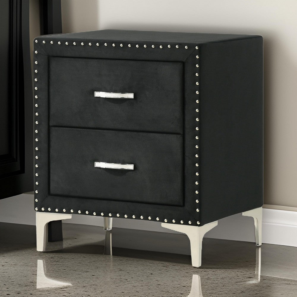 Benjara Moha 28 Inch Nightstand, Wood, 2 Drawers, Metal Handles, Black Velvet