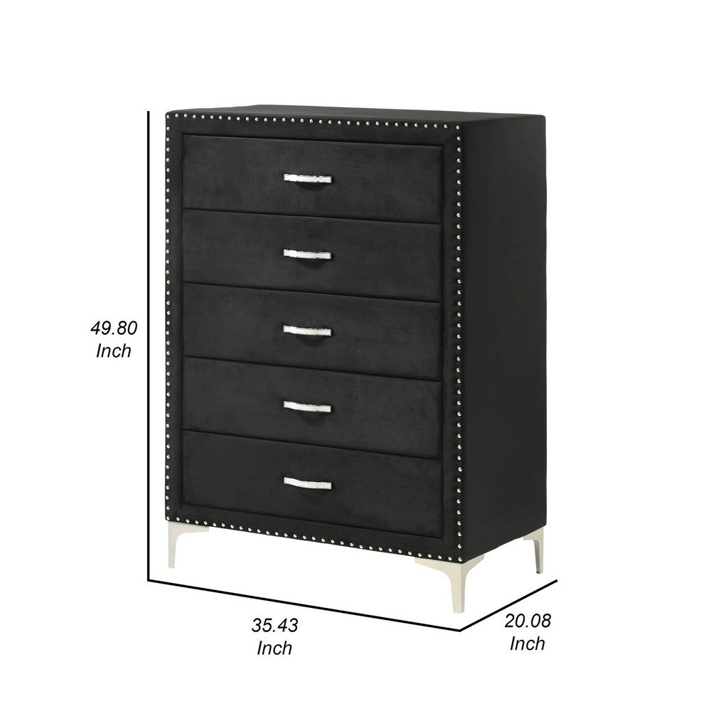 Benjara Moha 50 Inch Tall Dresser Chest, 5 Drawers, Metal Handles, Black Velvet