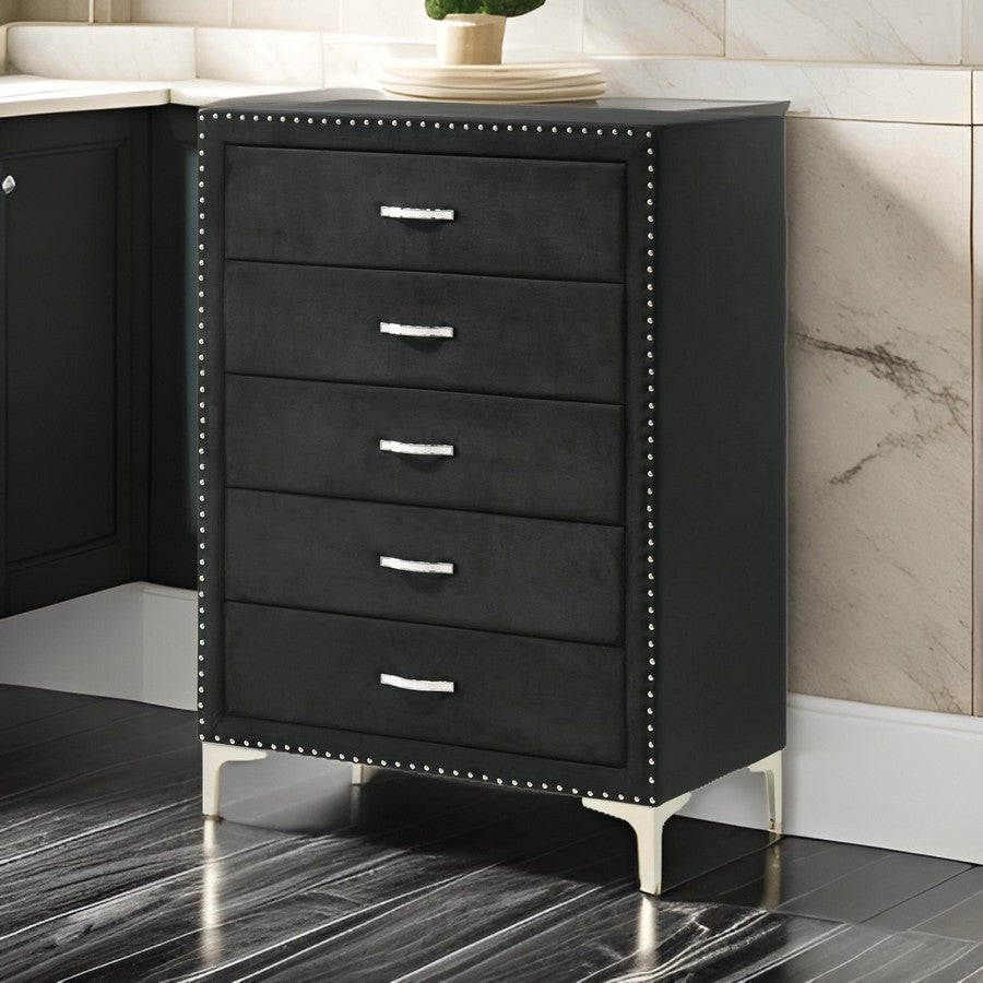 Benjara Moha 50 Inch Tall Dresser Chest, 5 Drawers, Metal Handles, Black Velvet