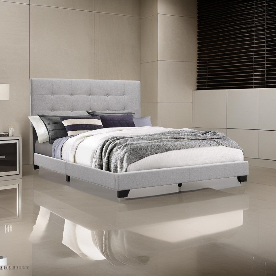 Benjara Lawrence California King Size Bed, Light Gray Button Tufted Upholstery