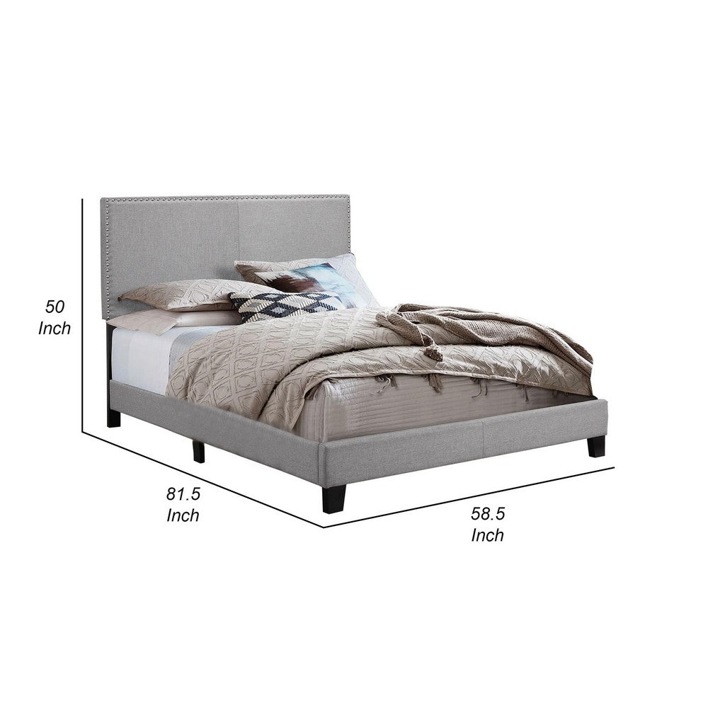 Benjara Shirin Full Size Bed, Wood, Nailhead Trim, Upholstered Headboard, Gray