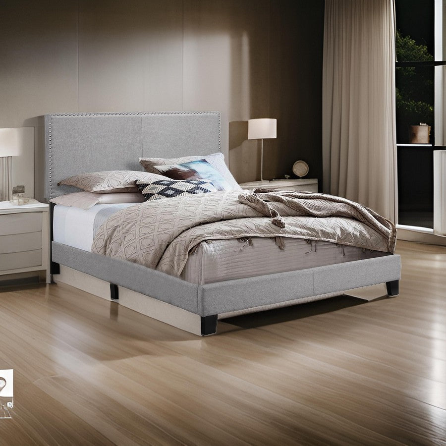 Benjara Shirin Full Size Bed, Wood, Nailhead Trim, Upholstered Headboard, Gray