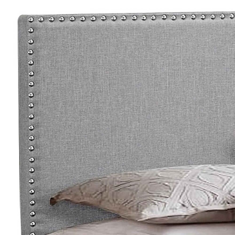 Benjara Shirin King Size Bed, Wood, Nailhead Trim, Upholstered Headboard, Gray