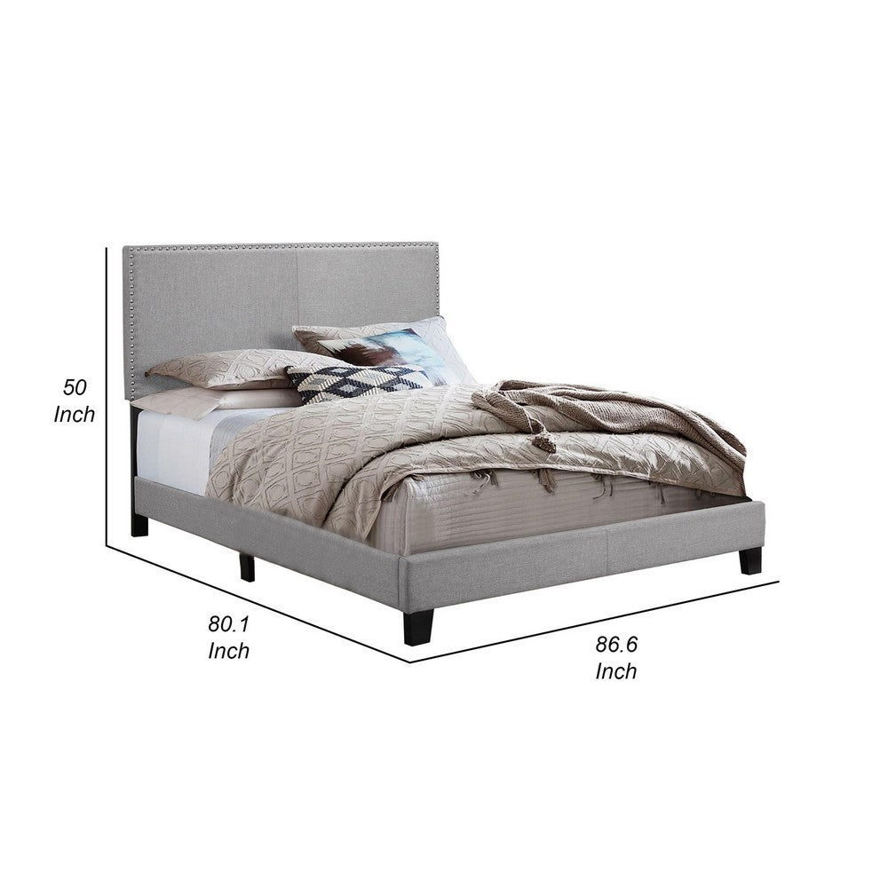 Benjara Shirin King Size Bed, Wood, Nailhead Trim, Upholstered Headboard, Gray