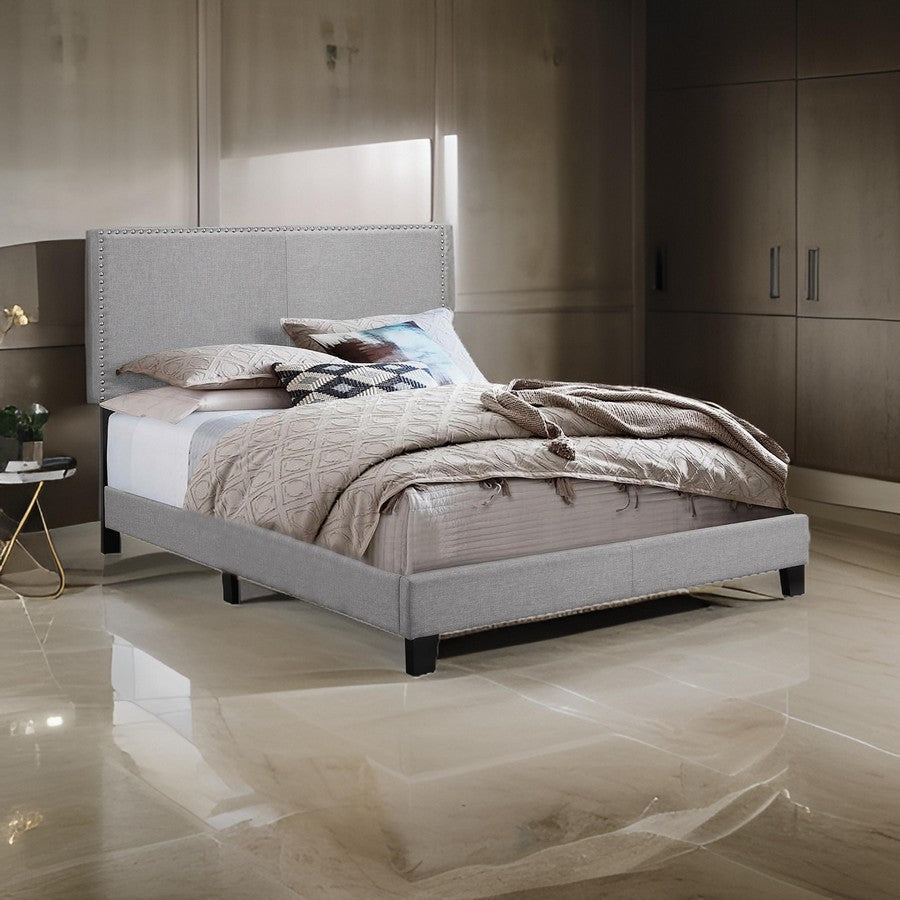 Benjara Shirin King Size Bed, Wood, Nailhead Trim, Upholstered Headboard, Gray