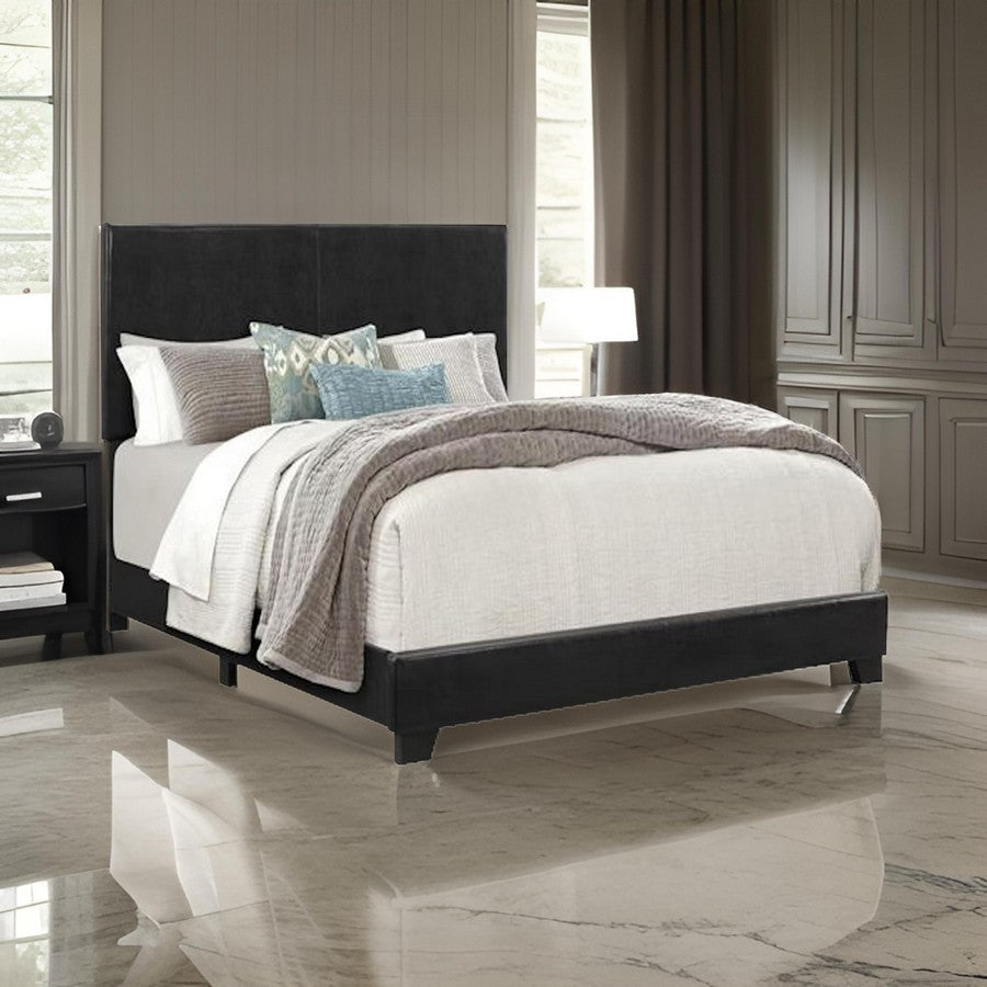 Benjara Shirin Queen Size Bed, Wood, Nailhead Trim, Upholstered Headboard, Black