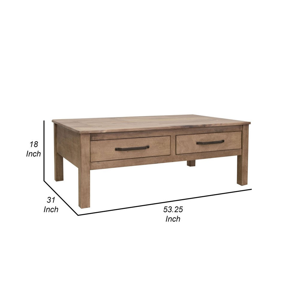 Benjara Umey 53 Inch Coffee Table, 2 Drawers, Light Natural Brown Wood Frame