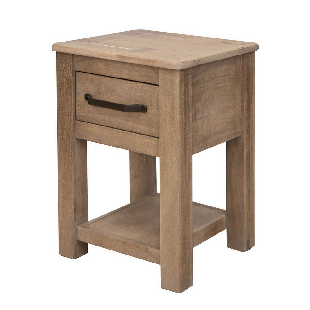 Benjara Umey 24 Inch Chairside Table, Drawer, Lower Shelf, Natural Brown Wood