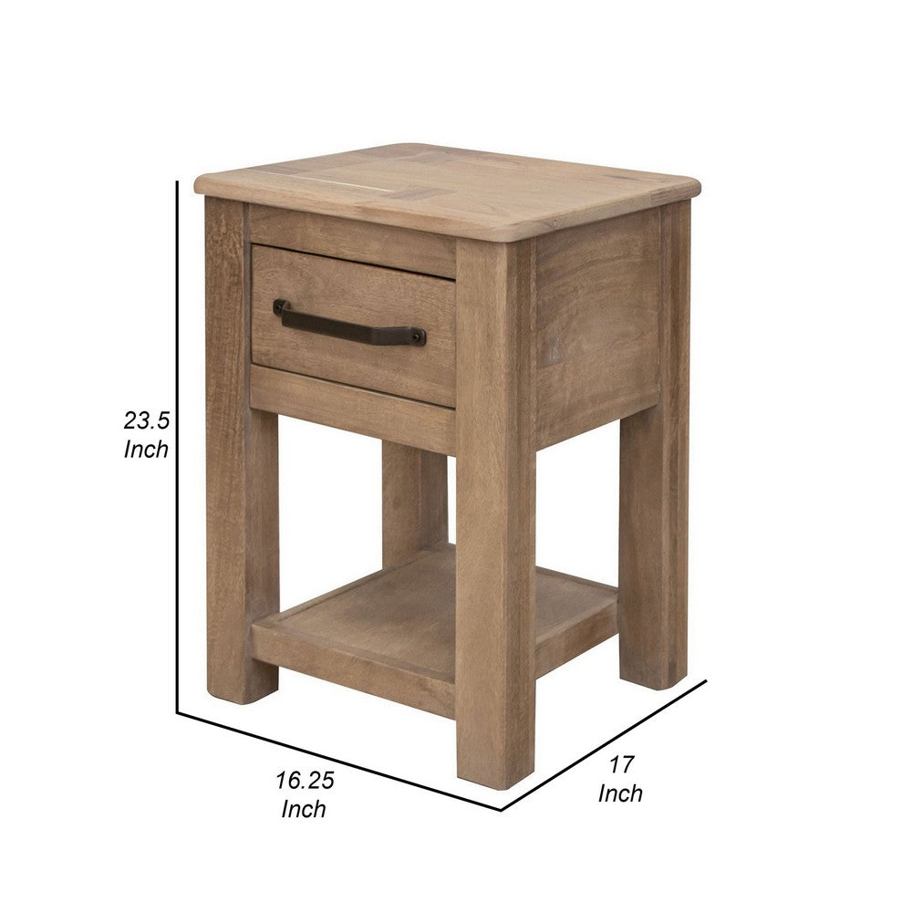 Benjara Umey 24 Inch Chairside Table, Drawer, Lower Shelf, Natural Brown Wood