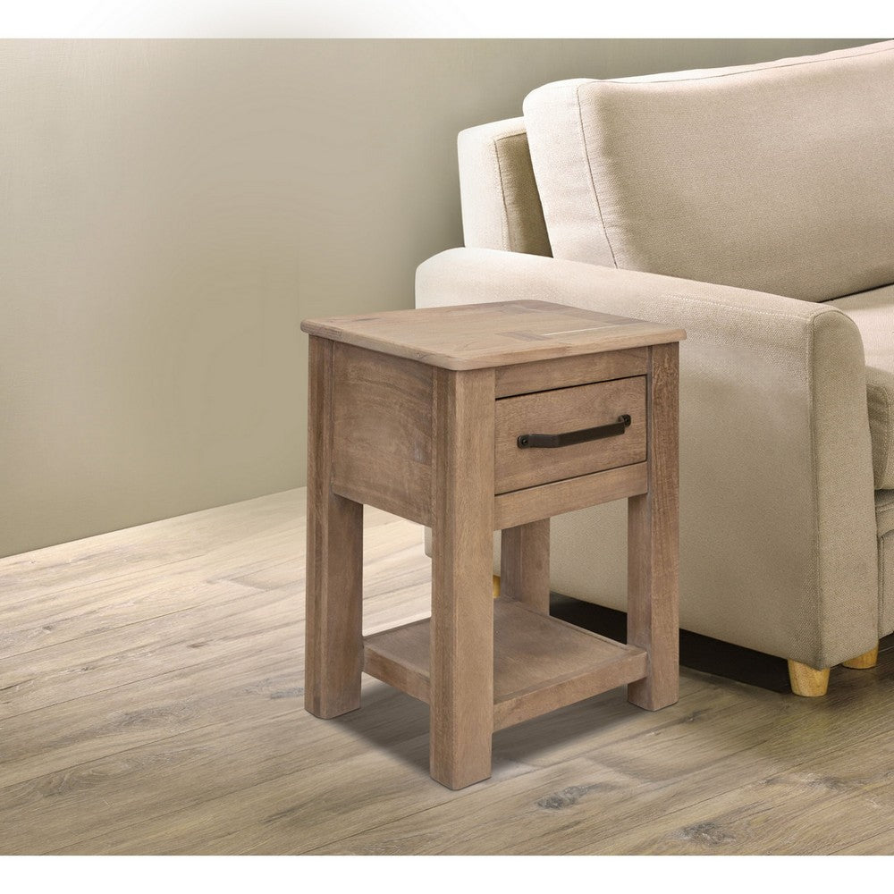 Benjara Umey 24 Inch Chairside Table, Drawer, Lower Shelf, Natural Brown Wood