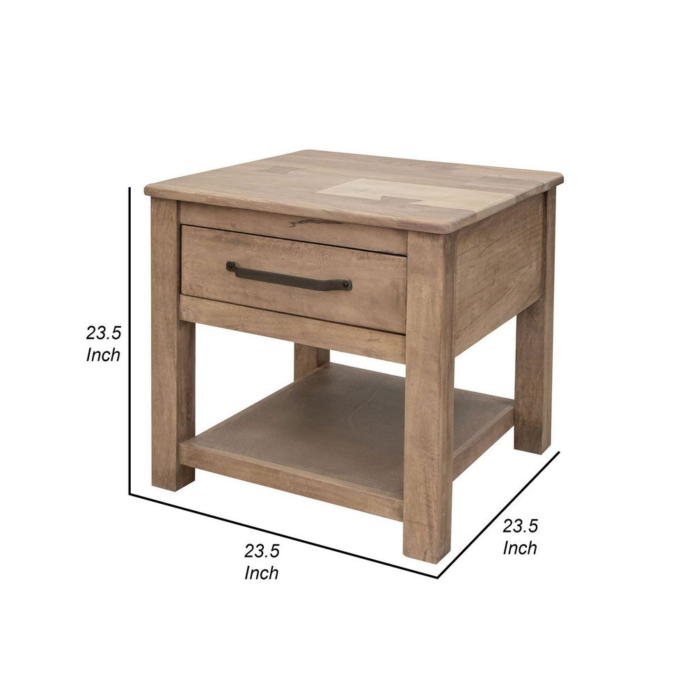 Benjara Umey 23 Inch Side End Table, 1 Drawer, Lower Shelf, Natural Brown Wood