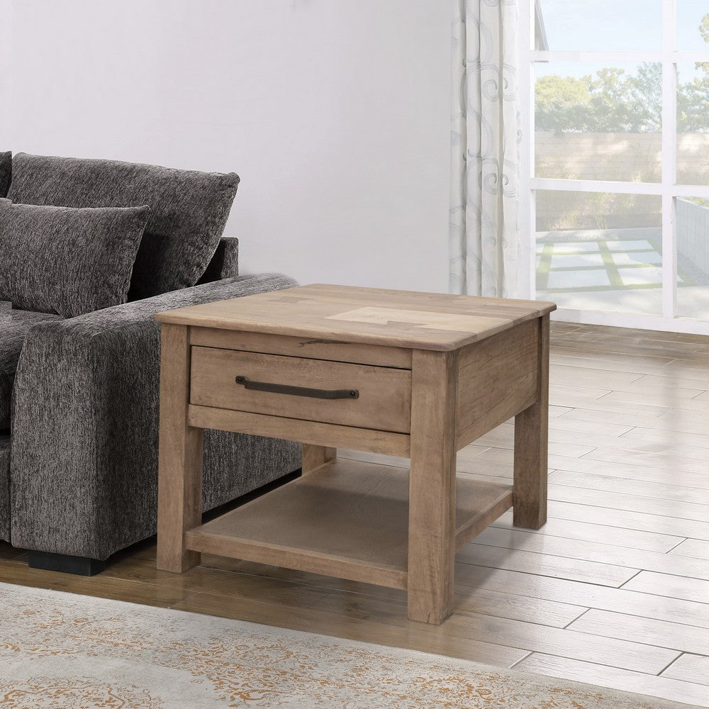 Benjara Umey 23 Inch Side End Table, 1 Drawer, Lower Shelf, Natural Brown Wood