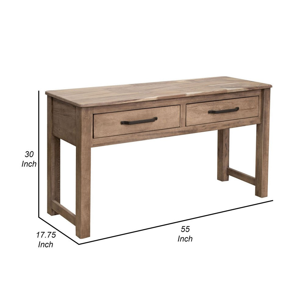 Benjara Umey 55 Inch Sofa Console Table, 2 Drawers with Metal Handles, Brown Wood