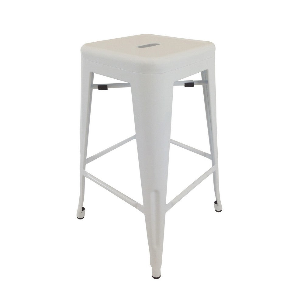 Benjara 30 Inch Barstool, Set of 4, Tapered Legs, Sleek Footrests, Modern White Metal Finish