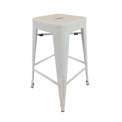 Benjara 30 Inch Barstool, Set of 4, Tapered Legs, Sleek Footrests, Modern White Metal Finish
