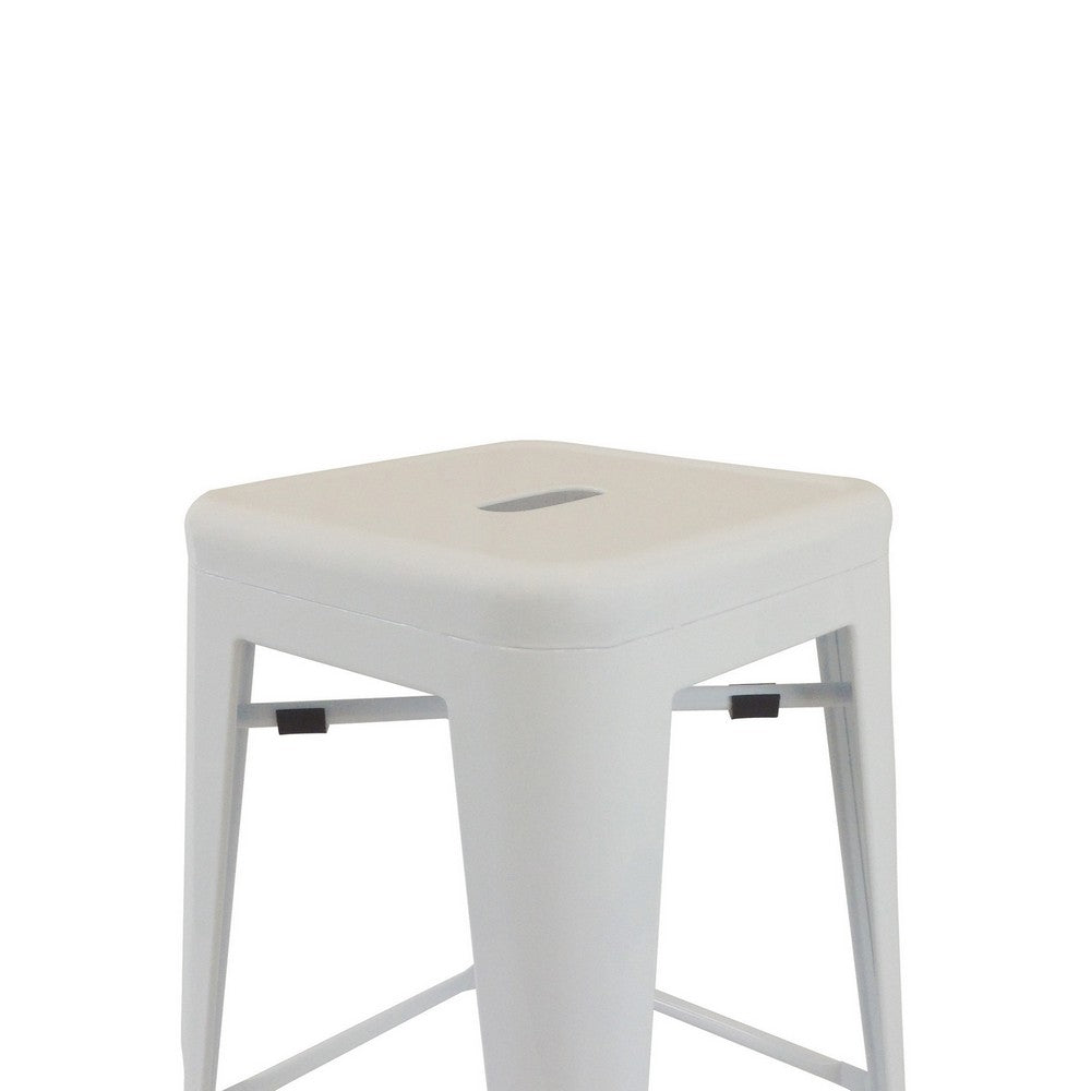 Benjara 30 Inch Barstool, Set of 4, Tapered Legs, Sleek Footrests, Modern White Metal Finish