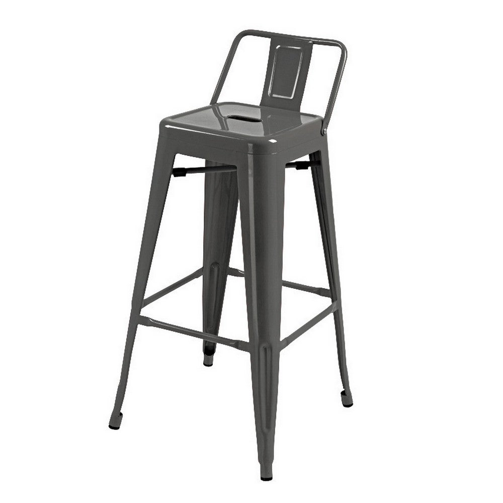 Benjara Giri 30 Inch Barstool Chair, Set of 4, Low Backrest, Tapered Legs, Dark Gray Metal