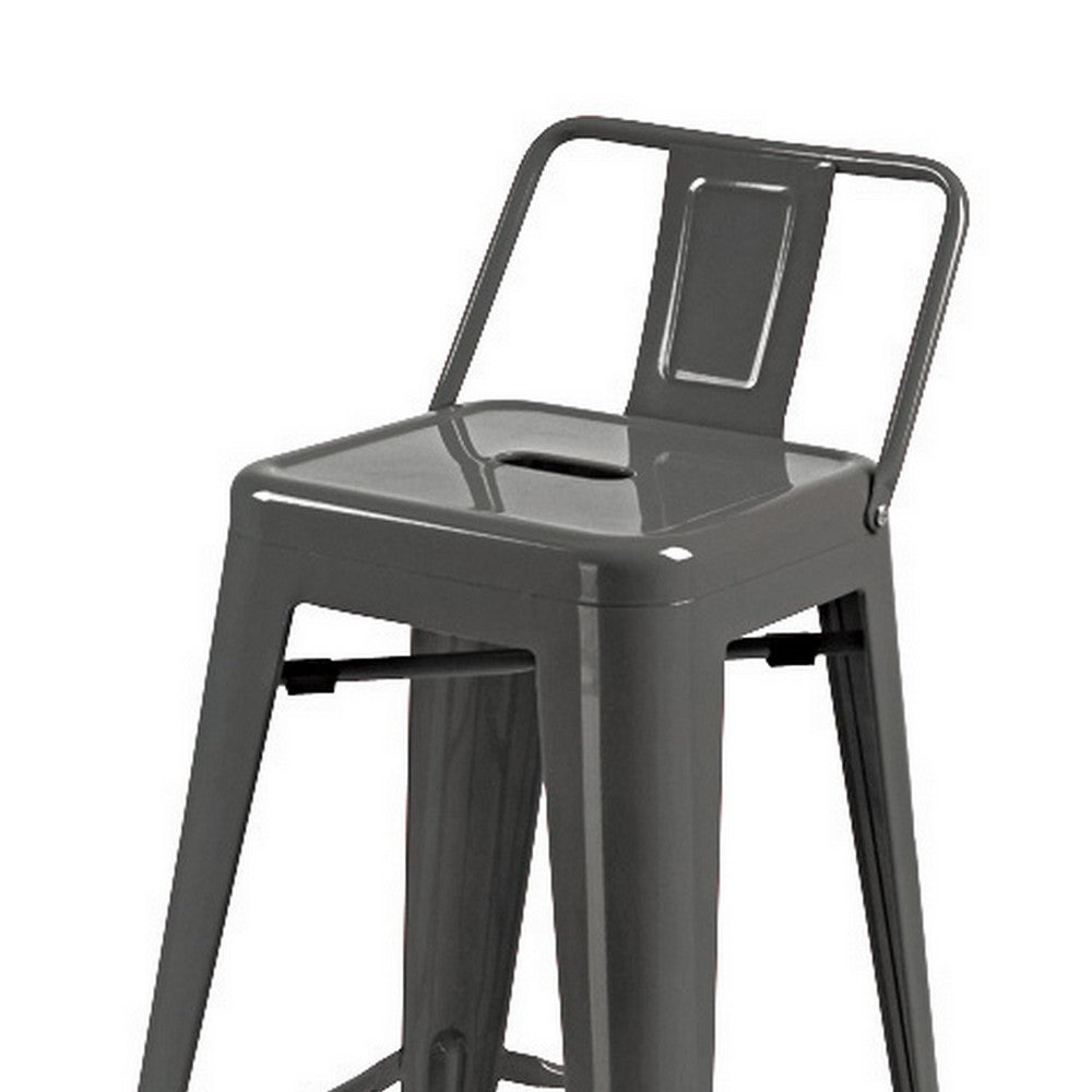 Benjara Giri 30 Inch Barstool Chair, Set of 4, Low Backrest, Tapered Legs, Dark Gray Metal
