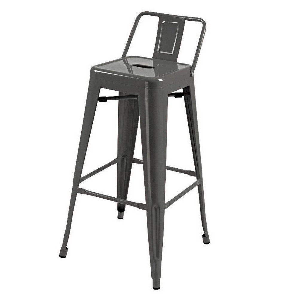 Benjara Giri 30 Inch Barstool Chair, Set of 4, Footrest And Tapered Legs, Light Gray Metal