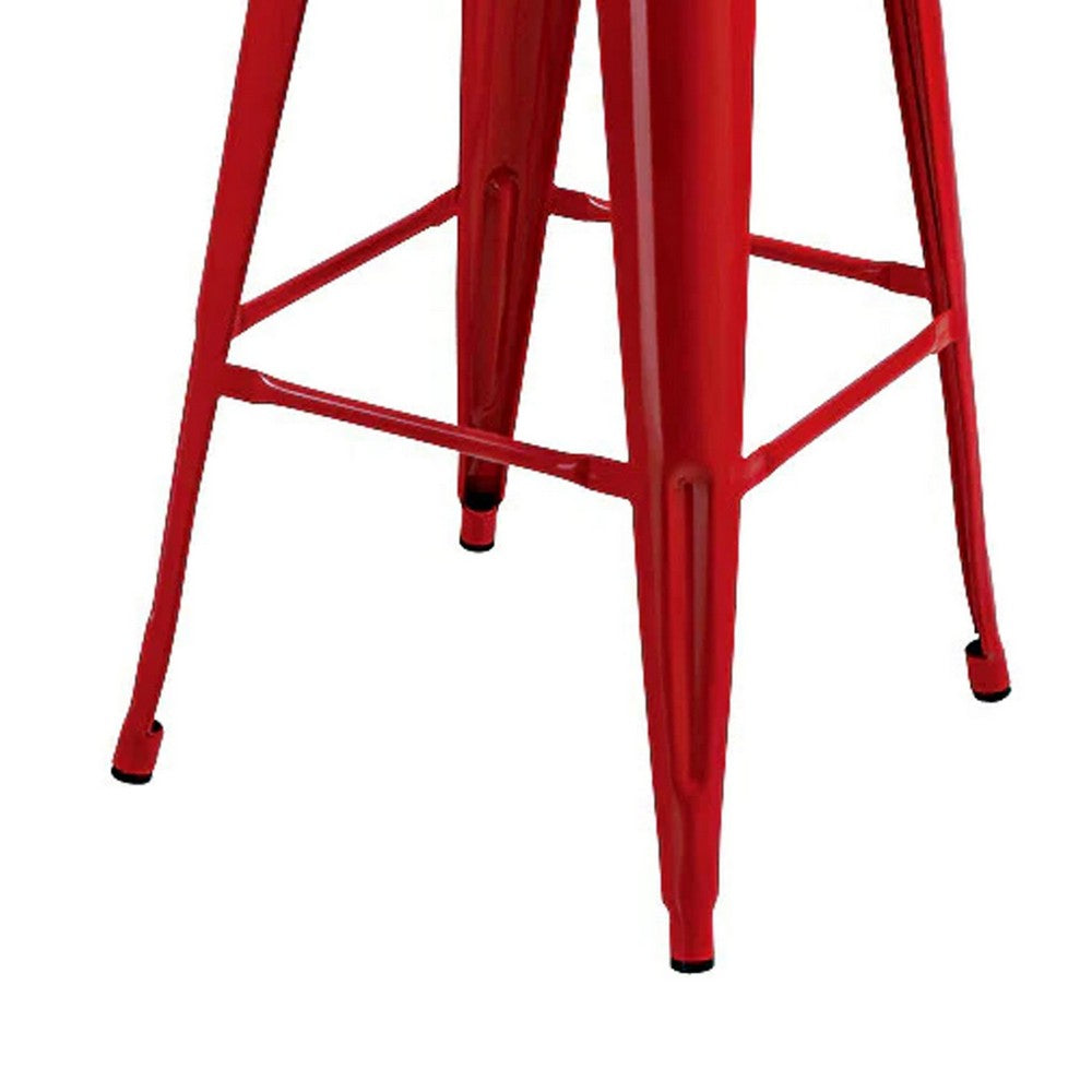 Benjara Giri 30 Inch Barstool Chair, Set of 4, Footrest And Tapered Legs, Red Metal Finish