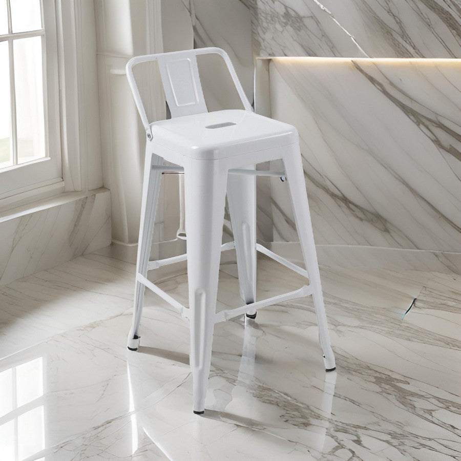 Benjara Giri 30 Inch Barstool Chair, Set of 4, Footrest And Tapered Legs, White Metal Finish