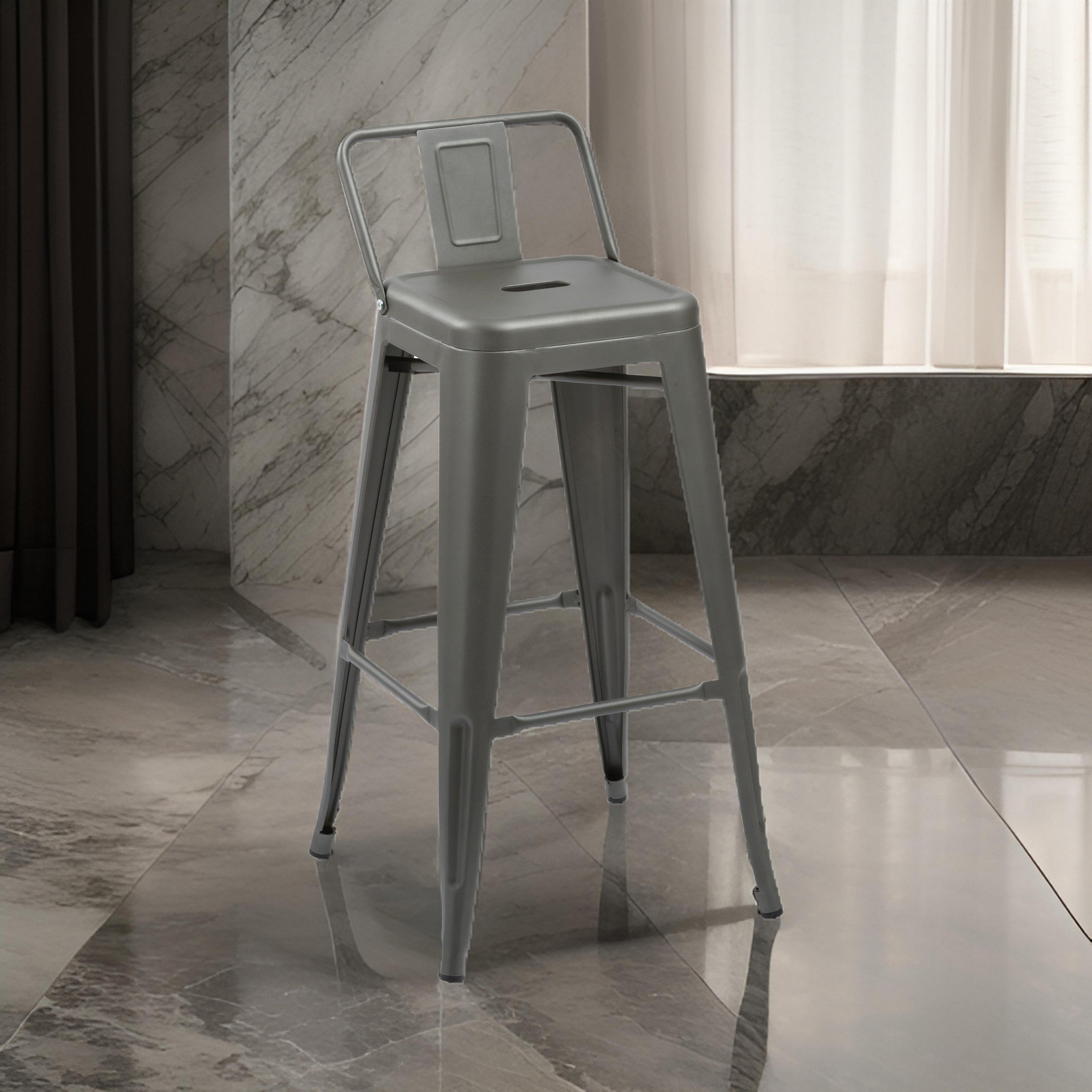 Benjara Giri 26 Inch Counter Stool Chair, Set of 4, Footrest And Tapered Legs, Gray Metal