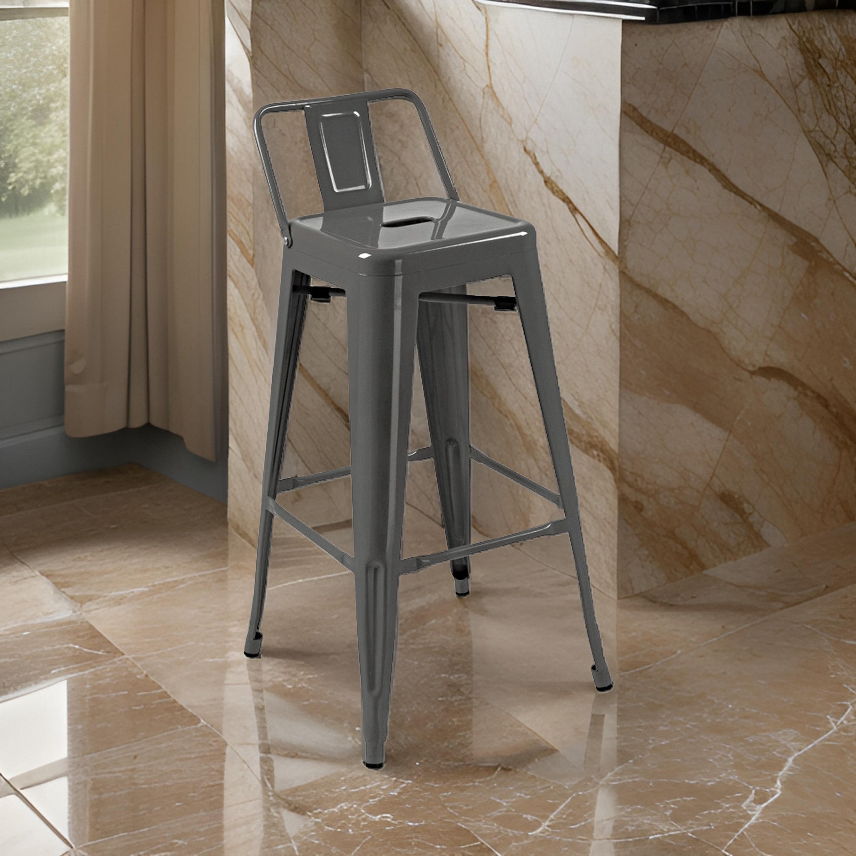 Benjara Giri 26 Inch Counter Stool Chair, Set of 4, Footrest And Tapered Legs, Light Gray
