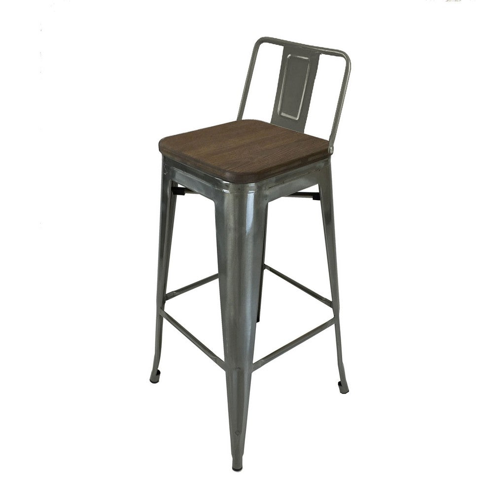 Benjara Trace 30 Inch Barstool Chair, Set of 4, Low Back, Wood Seat, Light Gray Metal