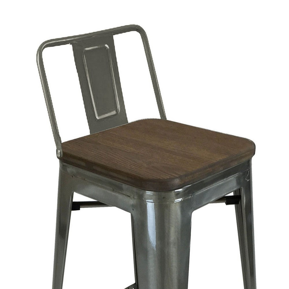 Benjara Trace 30 Inch Barstool Chair, Set of 4, Low Back, Wood Seat, Light Gray Metal