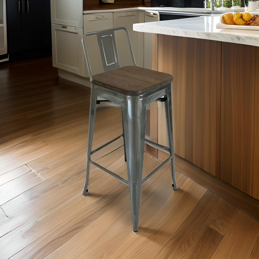 Benjara Trace 30 Inch Barstool Chair, Set of 4, Low Back, Wood Seat, Light Gray Metal