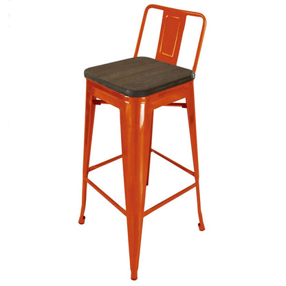 Benjara Trace 30 Inch Barstool Chair, Set of 4, Low Back, Wood Seat, Orange Metal Finish