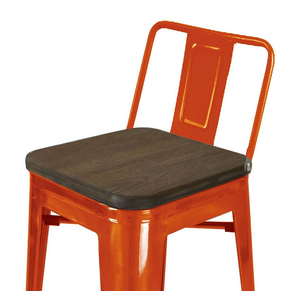 Benjara Trace 30 Inch Barstool Chair, Set of 4, Low Back, Wood Seat, Orange Metal Finish