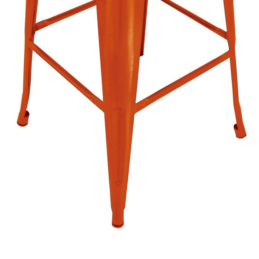 Benjara Trace 30 Inch Barstool Chair, Set of 4, Low Back, Wood Seat, Orange Metal Finish