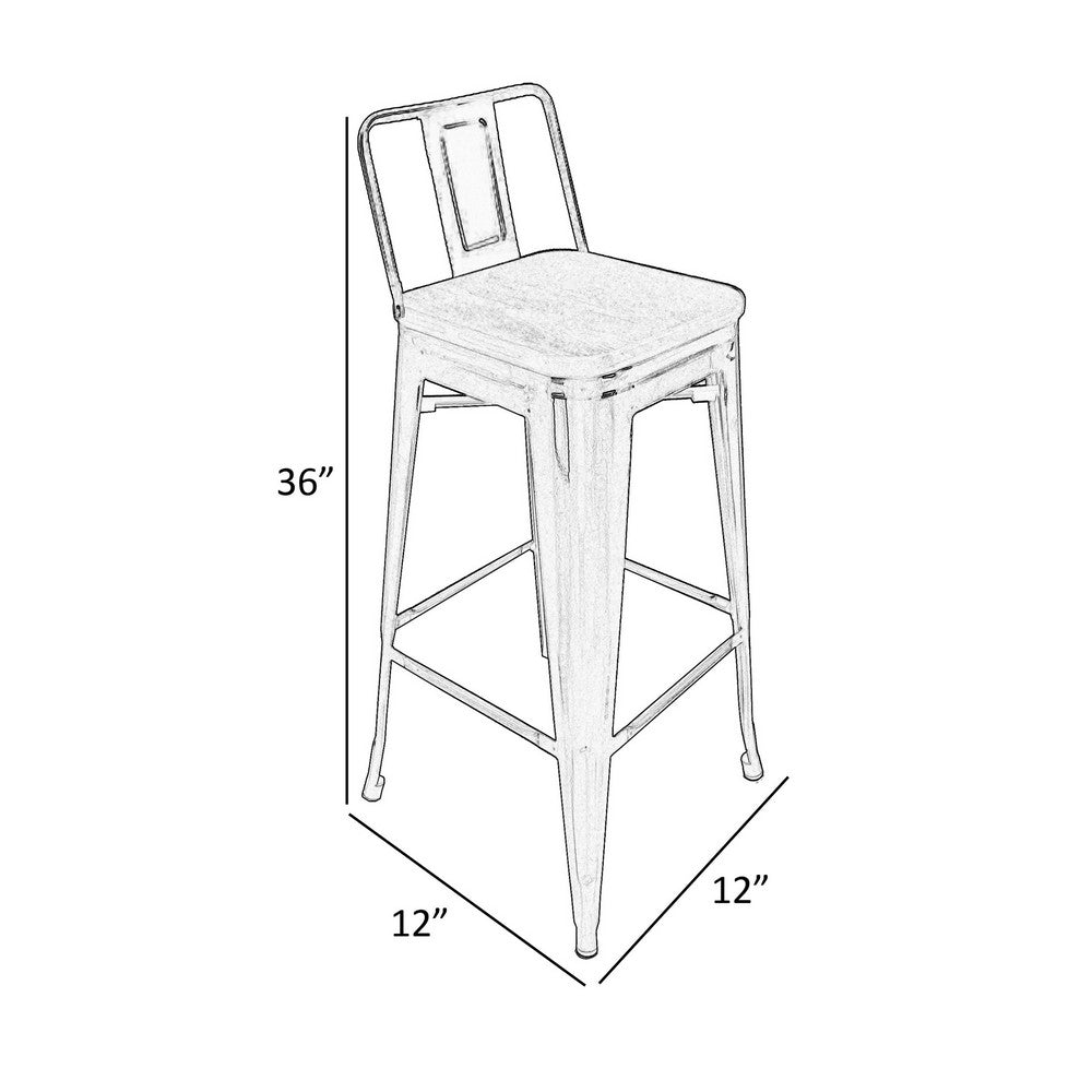Benjara Trace 30 Inch Barstool Chair, Set of 4, Low Back, Wood Seat, Orange Metal Finish