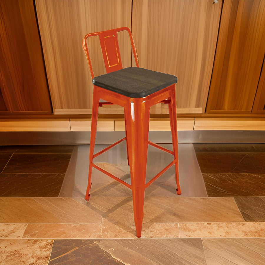 Benjara Trace 30 Inch Barstool Chair, Set of 4, Low Back, Wood Seat, Orange Metal Finish