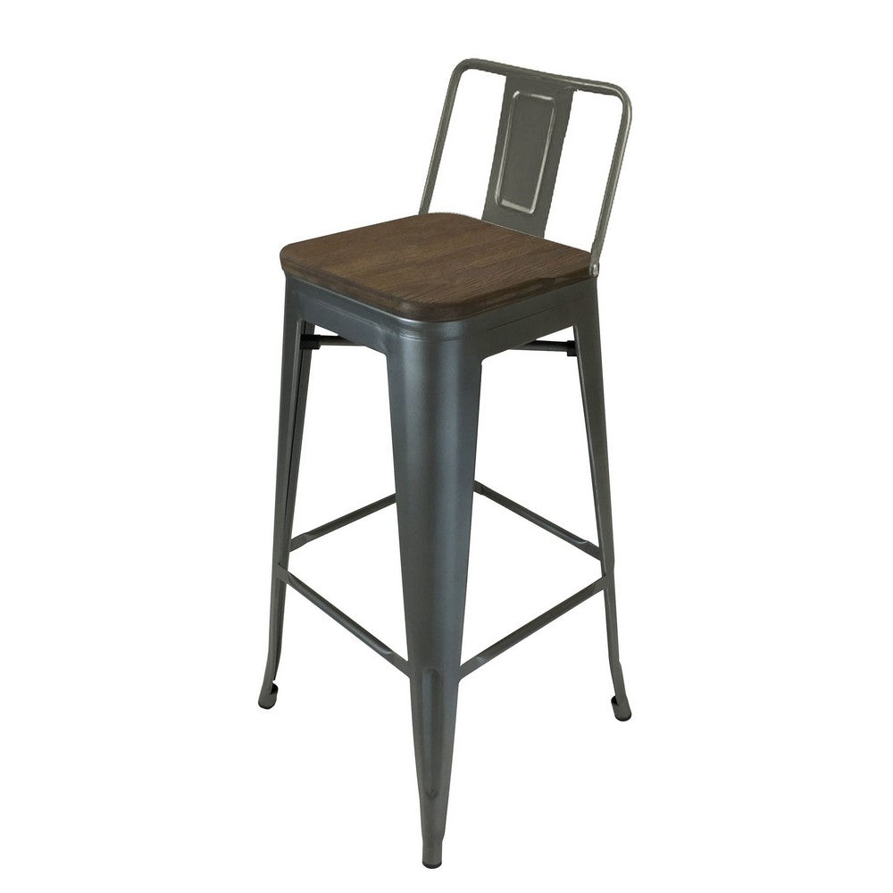 Benjara Trace 26 Inch Counter Stool Chair, Set of 4, Low Back, Wood Seat, Gray Metal Finish