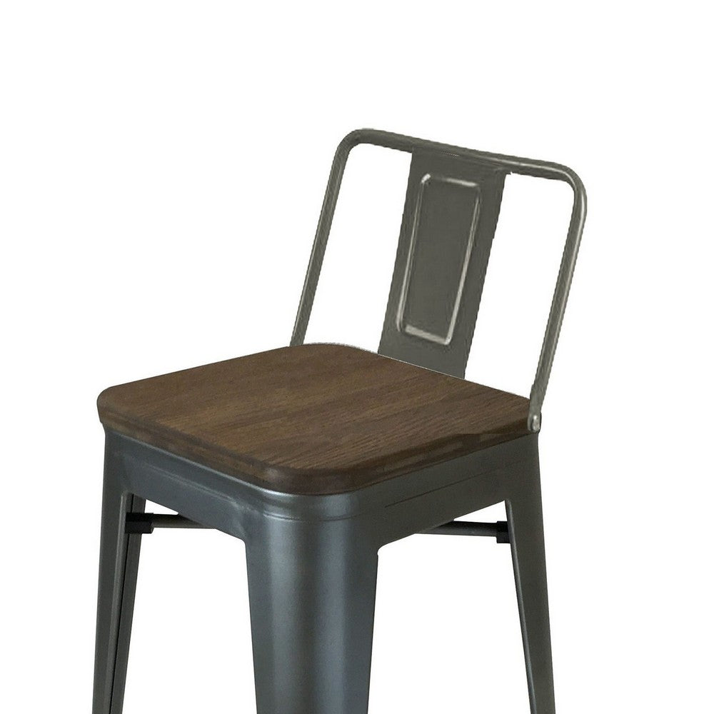Benjara Trace 26 Inch Counter Stool Chair, Set of 4, Low Back, Wood Seat, Gray Metal Finish