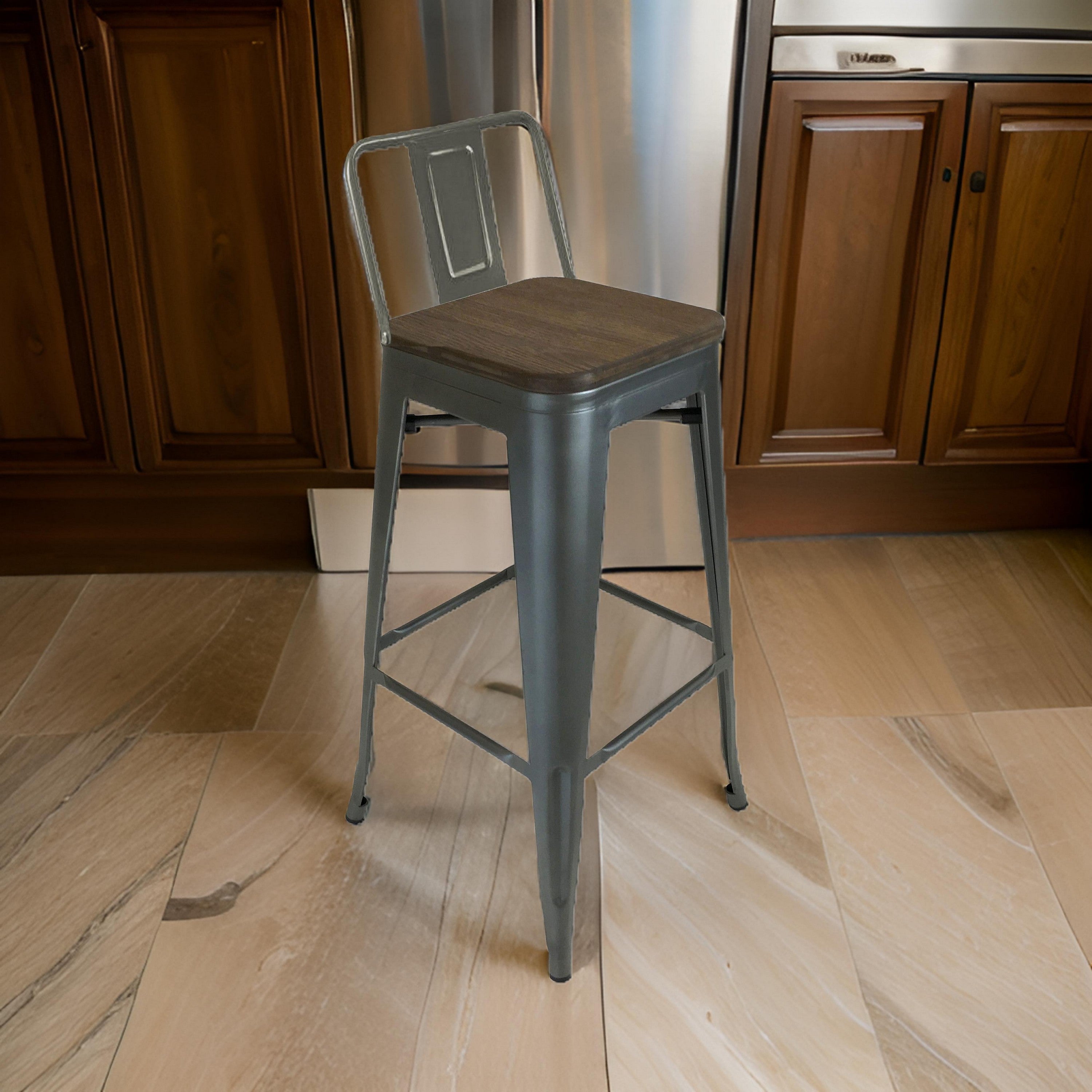 Benjara Trace 26 Inch Counter Stool Chair, Set of 4, Low Back, Wood Seat, Gray Metal Finish