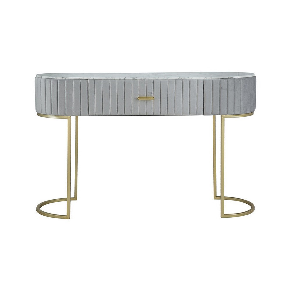 Benjara Jeah 47 Inch Console Table, 1 Drawer, Curved Gold Iron Base, Gray Fabric