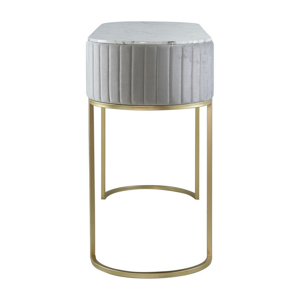Benjara Jeah 47 Inch Console Table, 1 Drawer, Curved Gold Iron Base, Gray Fabric