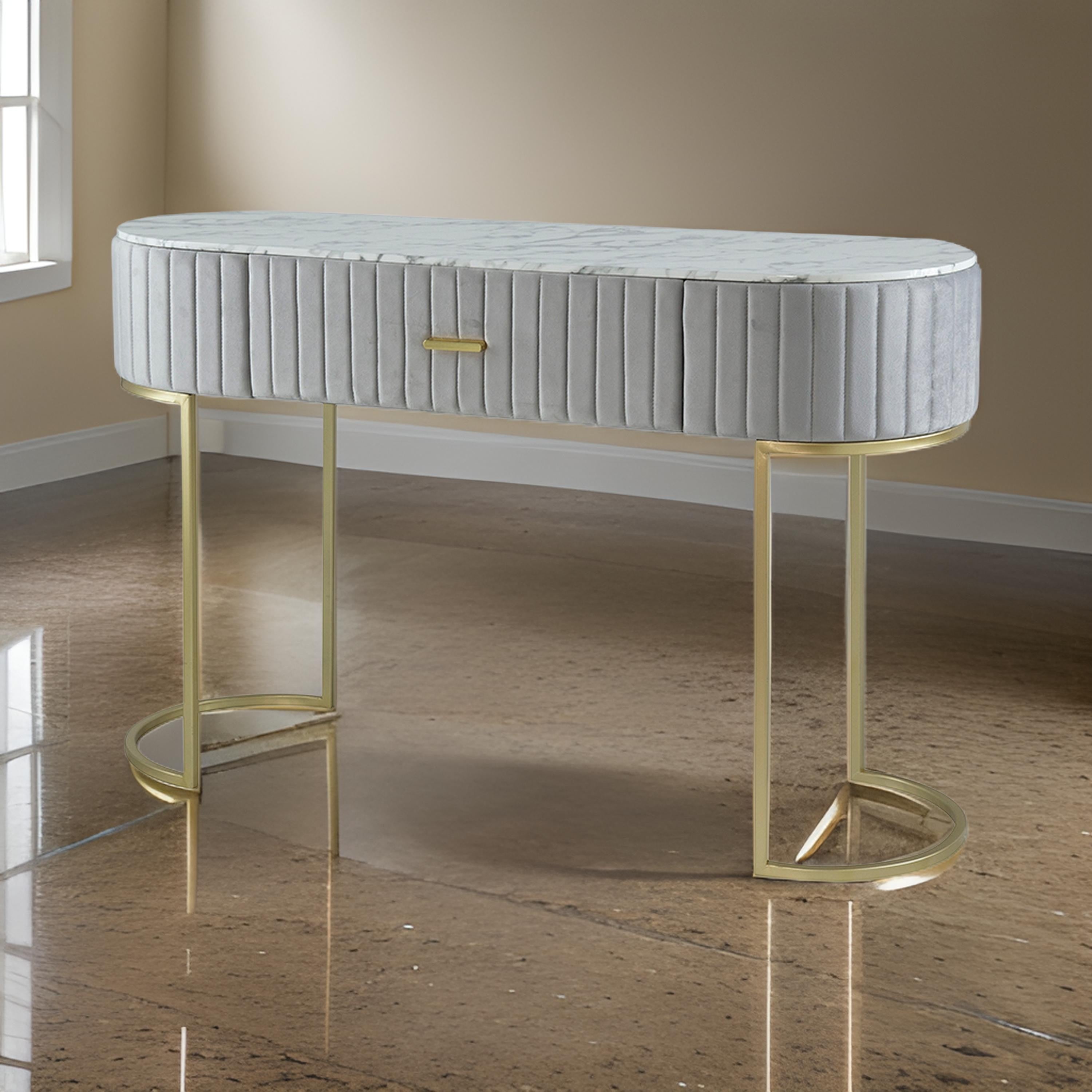 Benjara Jeah 47 Inch Console Table, 1 Drawer, Curved Gold Iron Base, Gray Fabric