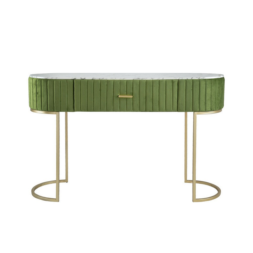 Benjara Jeah 47 Inch Console Table, 1 Drawer, Curved Gold Iron Base, Green Fabric