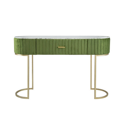 Benjara Jeah 47 Inch Console Table, 1 Drawer, Curved Gold Iron Base, Green Fabric