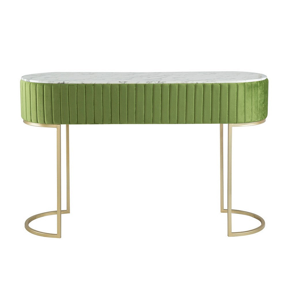 Benjara Jeah 47 Inch Console Table, 1 Drawer, Curved Gold Iron Base, Green Fabric