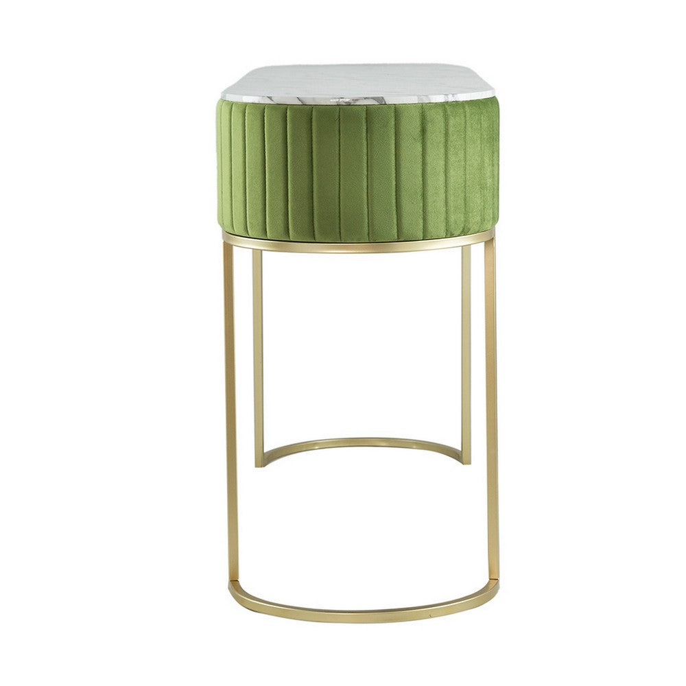 Benjara Jeah 47 Inch Console Table, 1 Drawer, Curved Gold Iron Base, Green Fabric